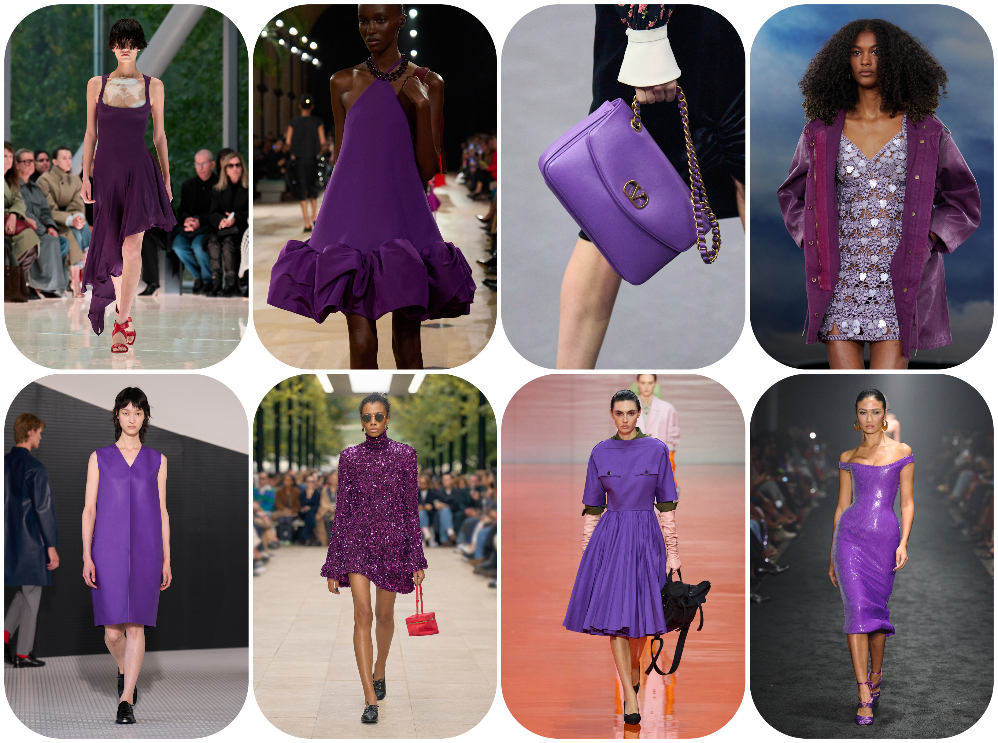 spring 2026 color trends, grape purple at Ala&amp;iuml;a, Balenciaga, Valentino, Burberry, Jil Sander, Celine, Prada, and Sergio Hudson Spring 2026 runways