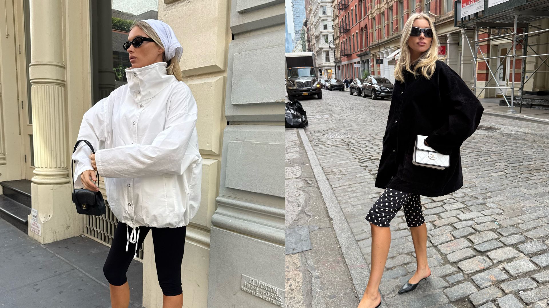 Collage of Elsa Hosk wearing capri pants in New York.