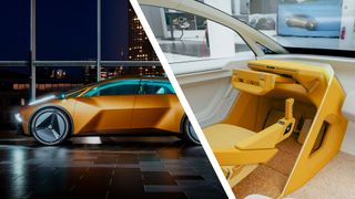 The exterior of the Kia Vision Meta Turismo concept car next to an interior shot of the driver's seat