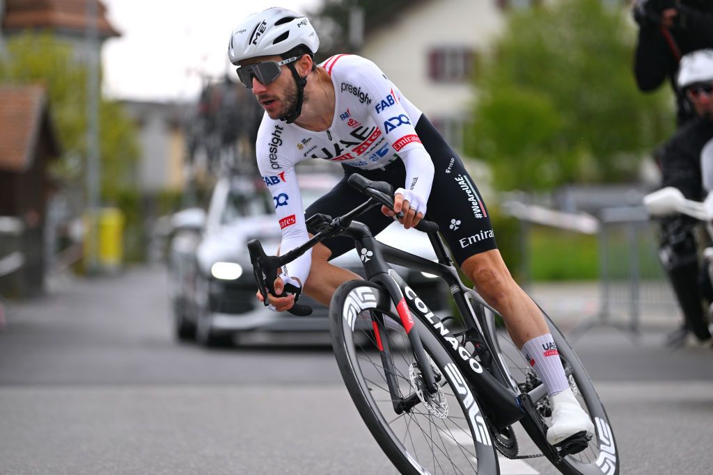 PAYERNE SWITZERLAND APRIL 23 Adam Yates of The United Kingdom and UAE Team Emirates sprints during the 77th Tour De Romandie 2024 Prologue a 228km individual time trial stage from Payerne to Payerne UCIWT on April 23 2024 in Payerne Switzerland Photo by Luc ClaessenGetty Images