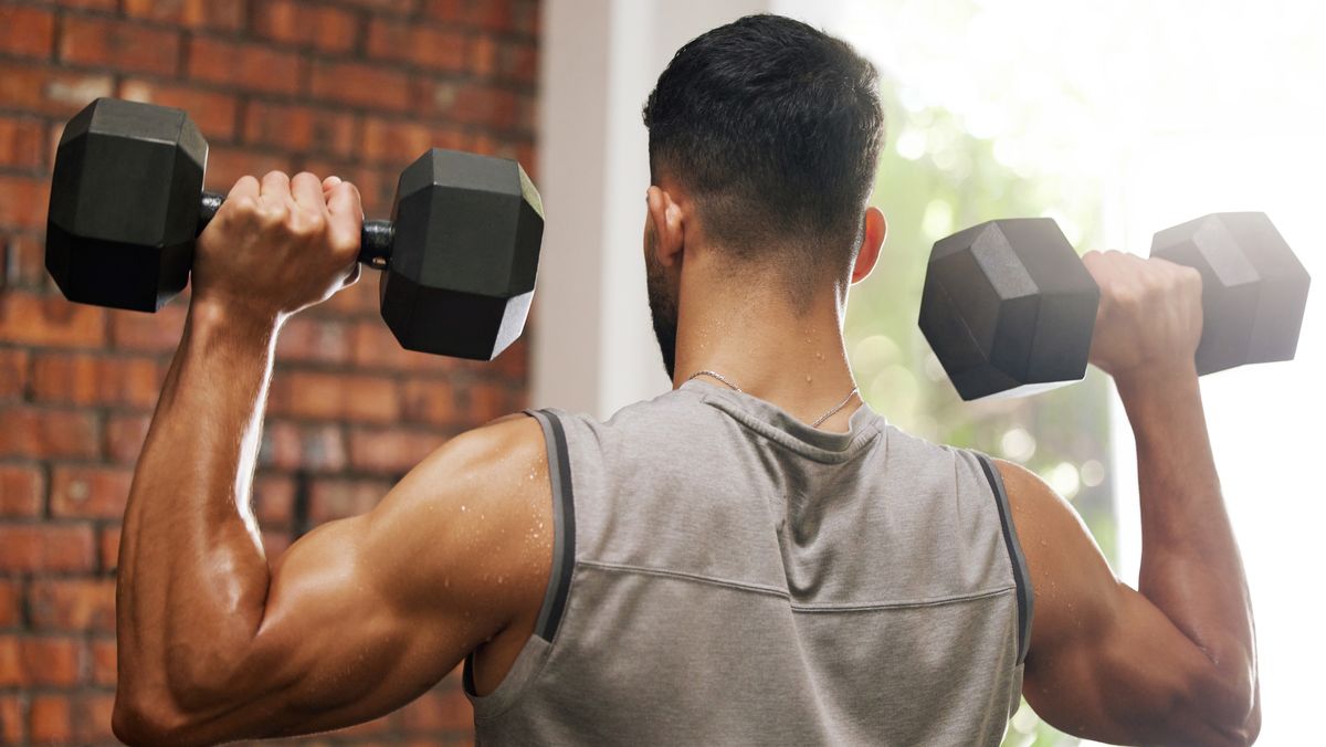 the back of a man performing dumbbell presses