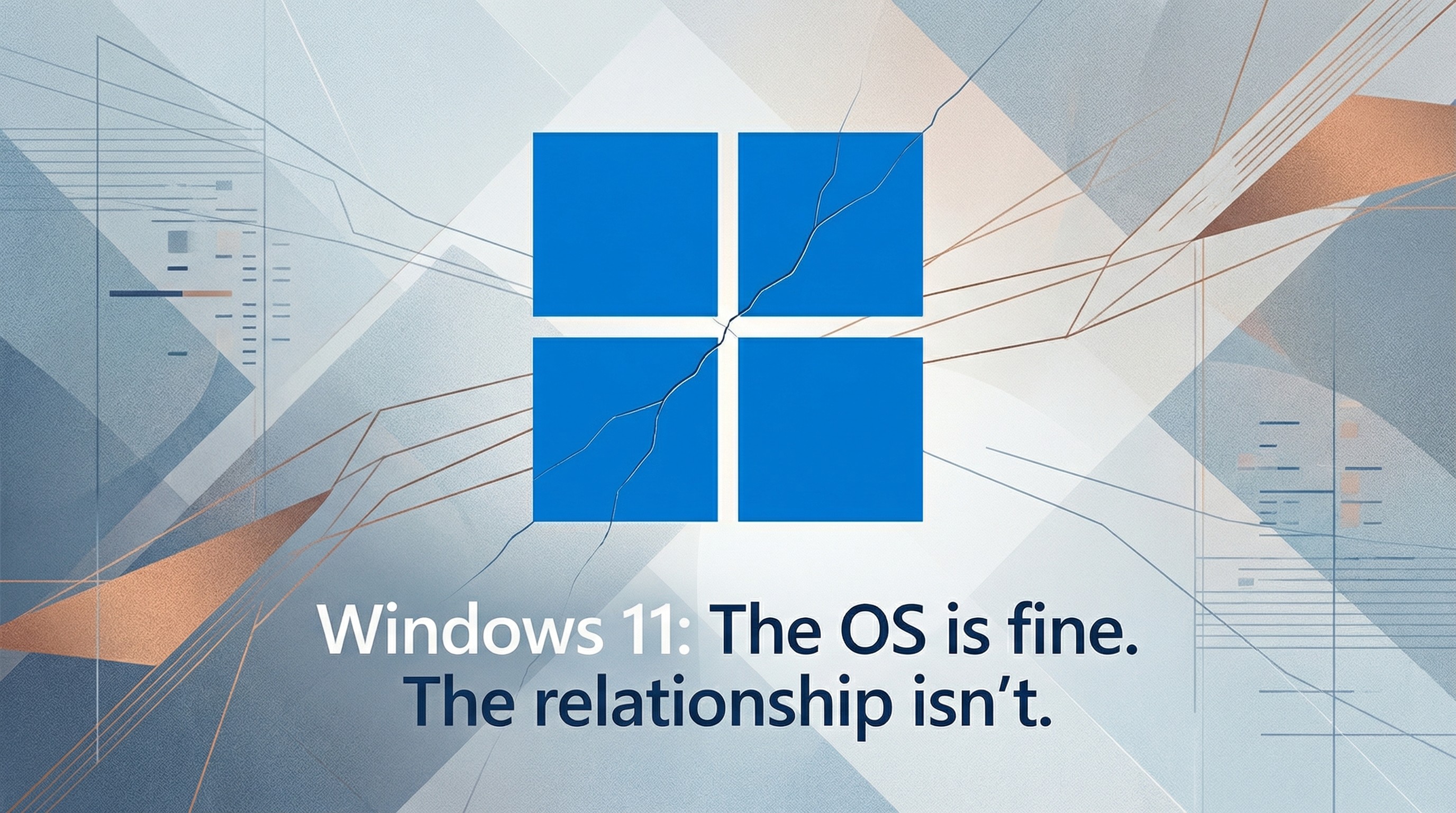 A clean, editorial‑style illustration of the Windows logo with a subtle, hairline crack running through it &mdash; not shattered, not broken, just fractured. It visually communicates the theme: Windows isn&rsquo;t collapsing, but the relationship between Microsoft and its users is strained.