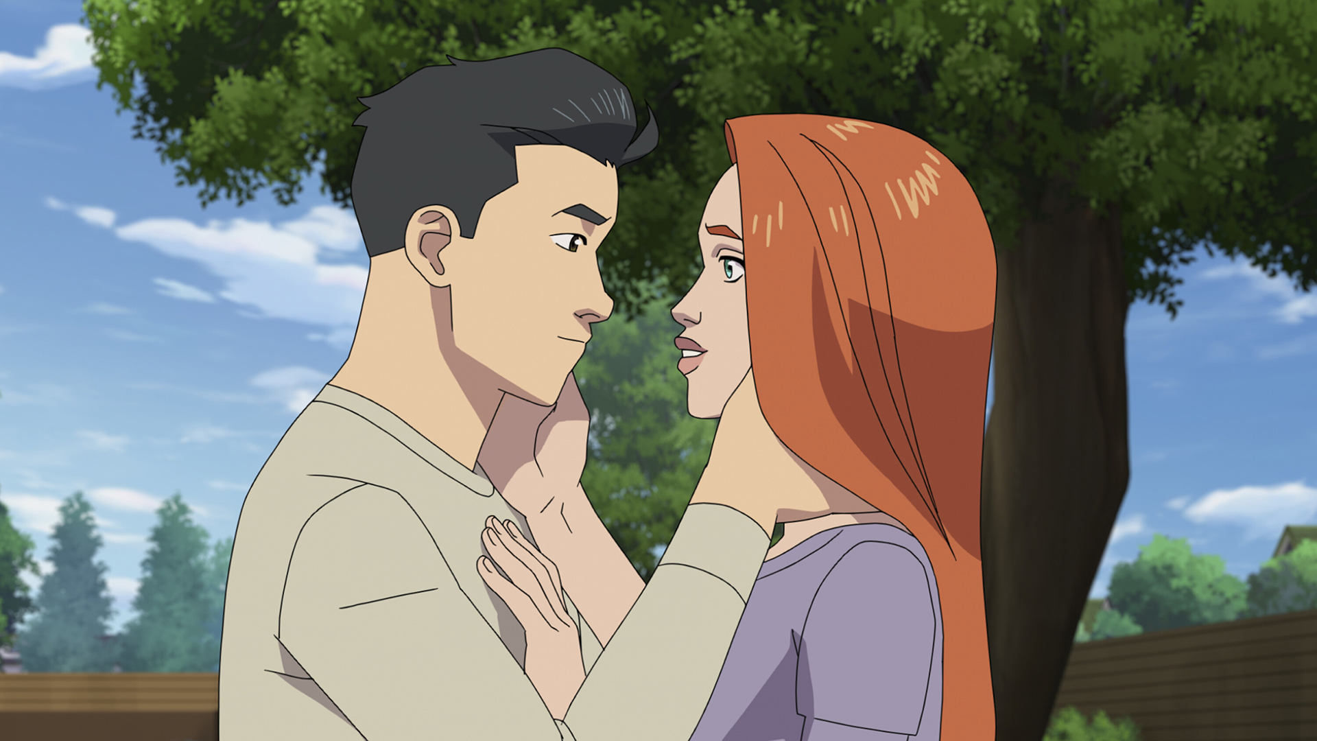 Mark and Eve cupping each other's face and smiling in Invincible season 4