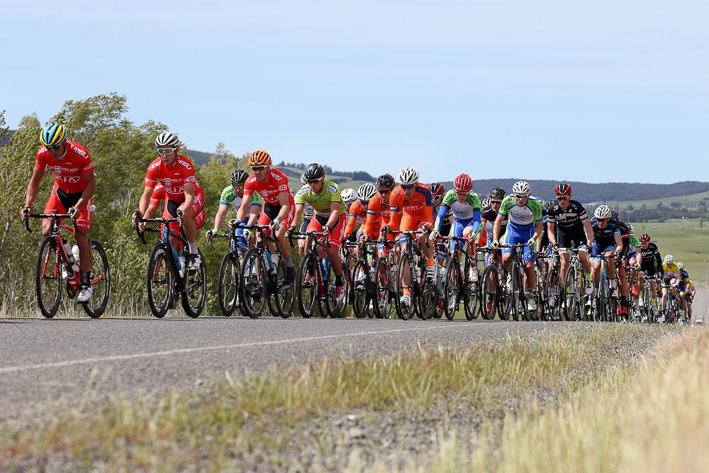 : The main peloton on the climb in Orawia in stage one of the Tour of Southland