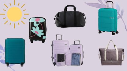 A collection of the best luggage deals in August 2023, on a lilac background.
