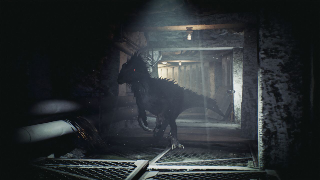 Dinosaur standing in well-lit hallway