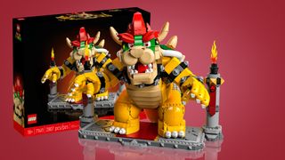 Lego Bowser transparent against red background with box in background