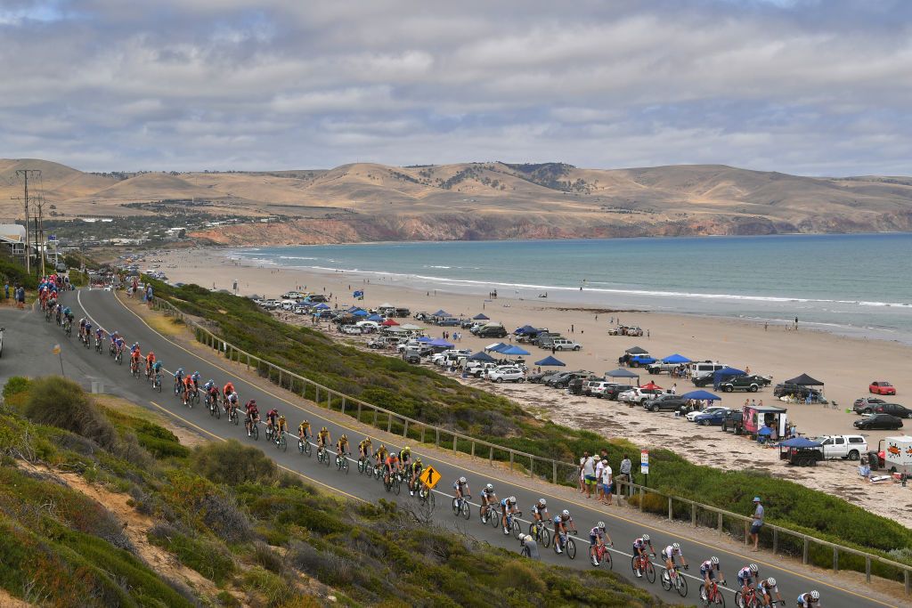 WILLUNGA HILL AUSTRALIA JANUARY 26 Ben Gastauer of Luxembourg and Team AG2R La Mondiale Richie Porte of Australia and Team TrekSegafredo Mads Pedersen of Denmark and Team TrekSegafredo Daryl Impey of South Africa and Team MitcheltonSCOTT Orange Leader Jersey Aldinga beach Landscape Dunes Peloton Ocean during the 22nd Santos Tour Down Under 2020 Stage 6 a 1515km stage from McLaren Vale to Willunga Hill 374m TDU tourdownunder UCIWT on January 26 2020 in Willunga Hill Australia Photo by Tim de WaeleGetty Images