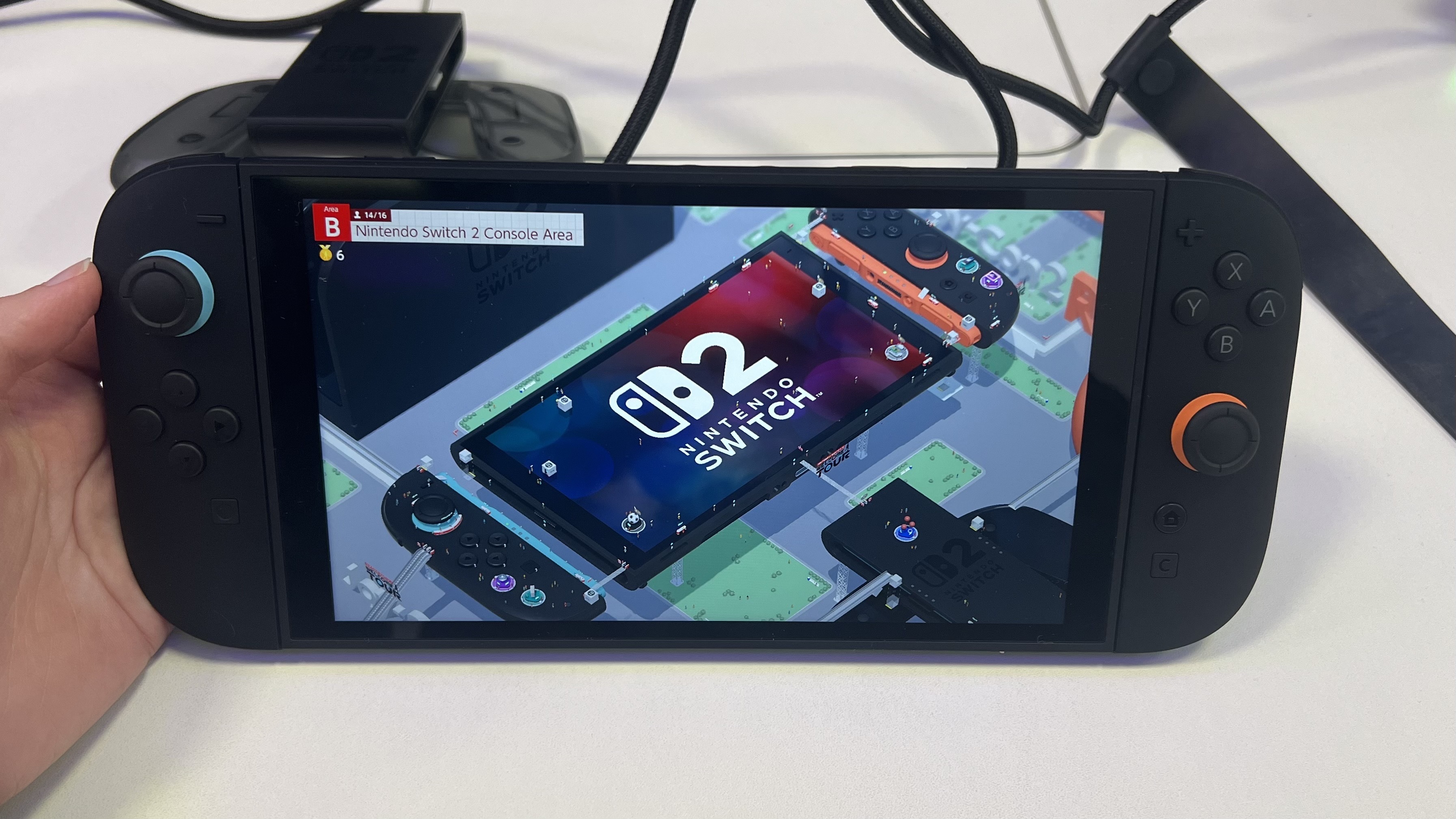 Nintendo Switch 2 playing Welcome Tour in handheld mode