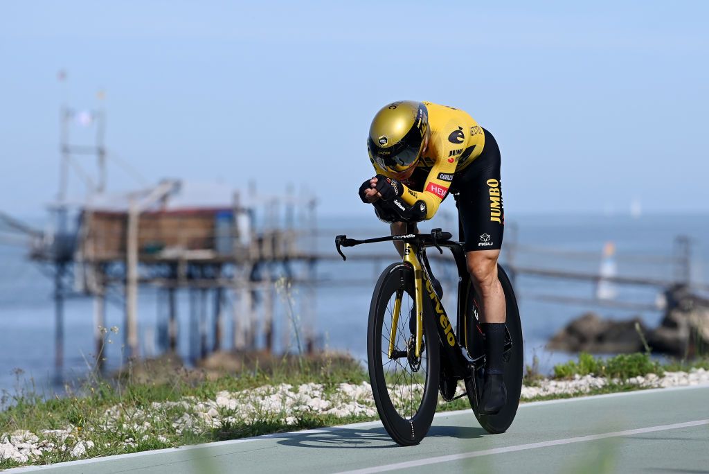 ORTONA ITALY MAY 06 Primo Rogli of Slovenia and Team JumboVisma sprints next to the Trabucco Fishing platform during the 106th Giro dItalia 2023 Stage 1 a 196km individual time trial from Fossacesia Marina to Ortona UCIWT on May 06 2023 in Ortona Italy Photo by Tim de WaeleGetty Images