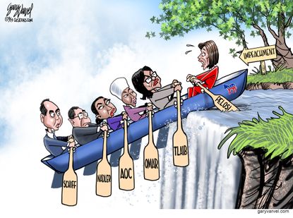 Political Cartoon U.S. Impeachment Canoe on Cliff Pelosi Not in Favor