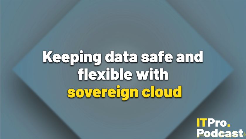 The words &#039;Keeping data safe and flexible with sovereign cloud&#039; against a geometric blue background. The words &#039;sovereign cloud&#039; are yellow and the others are white. In the bottom right corner, the ITPro Podcast logo can be seen.