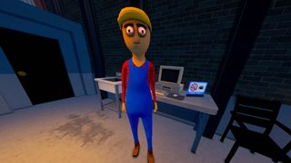 A Schedule 1 NPC standing around staring, looking a bit high. He's wearing blue overalls, a yellow hat, and a red plaid undershirt. 