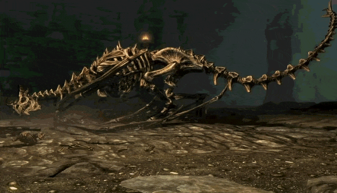 A demonstrative image of a Skyrim skeletal dragon overlaid with a still from an episode of Dr Who by the BBC.