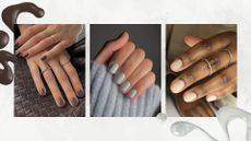 A collage of 2026 nail trends: on the left is a close-up of someone's hands with a chocolate brown manicure, alongside a hand with pale blue nails, both created by nail artist and digital content creator Mateja Novakovic (@matejanova). And on the right is a close-up of someone's hand with a cream nail look, created by manicurist Julia Diogo (@paintedbyjools)/ all featured in a white and grey template with two nail polish spills.