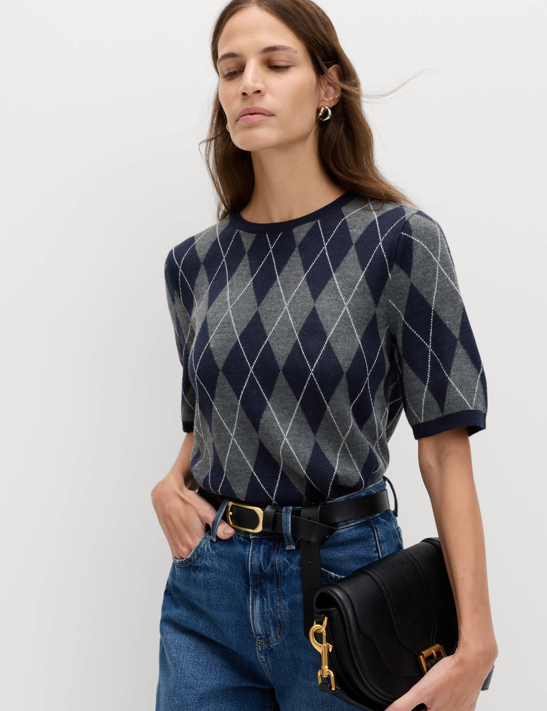 Argyle Crew Neck Slim Fit Knitted Top