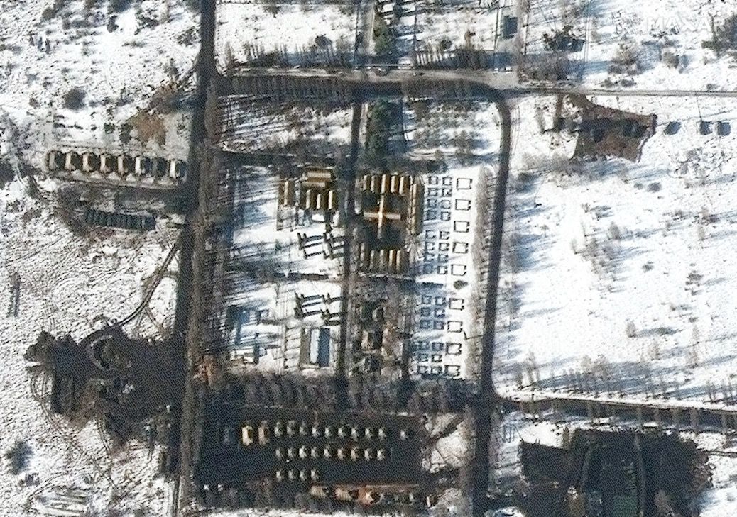 This image, snapped on Feb. 21, 2022, by Maxar&rsquo;s Worldview-2 satellite, shows a closeup of a field hospital and troop deployment in western Belgorod.