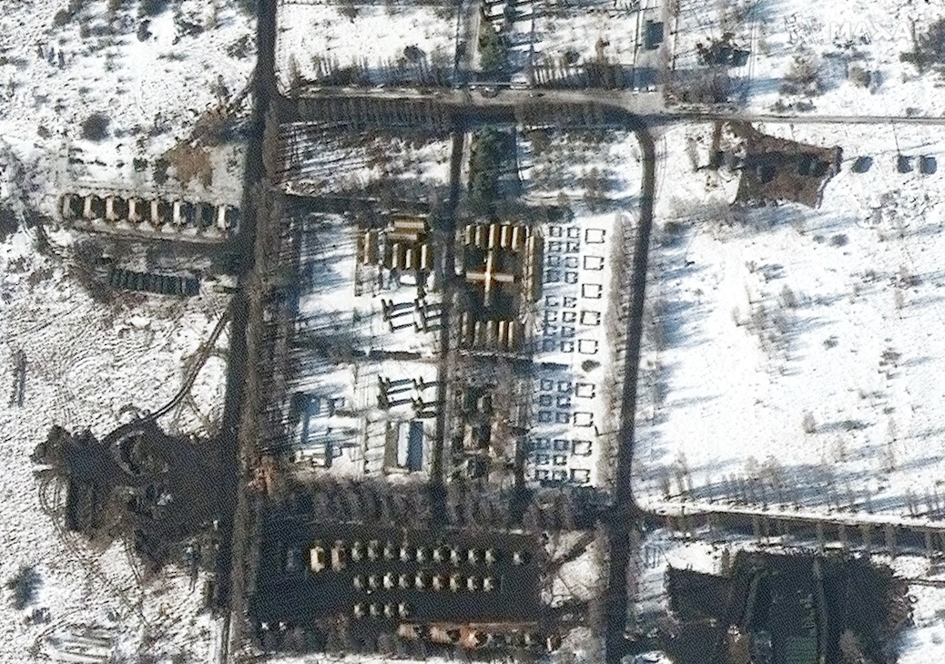 This image, snapped on Feb. 21, 2022, by Maxar’s Worldview-2 satellite, shows a closeup of a field hospital and troop deployment in western Belgorod.