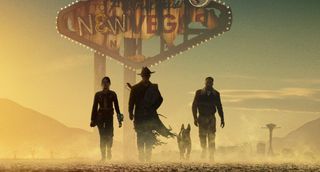 The Fallout Season 2 poster with three people and a dog walking below a New Vegas sign