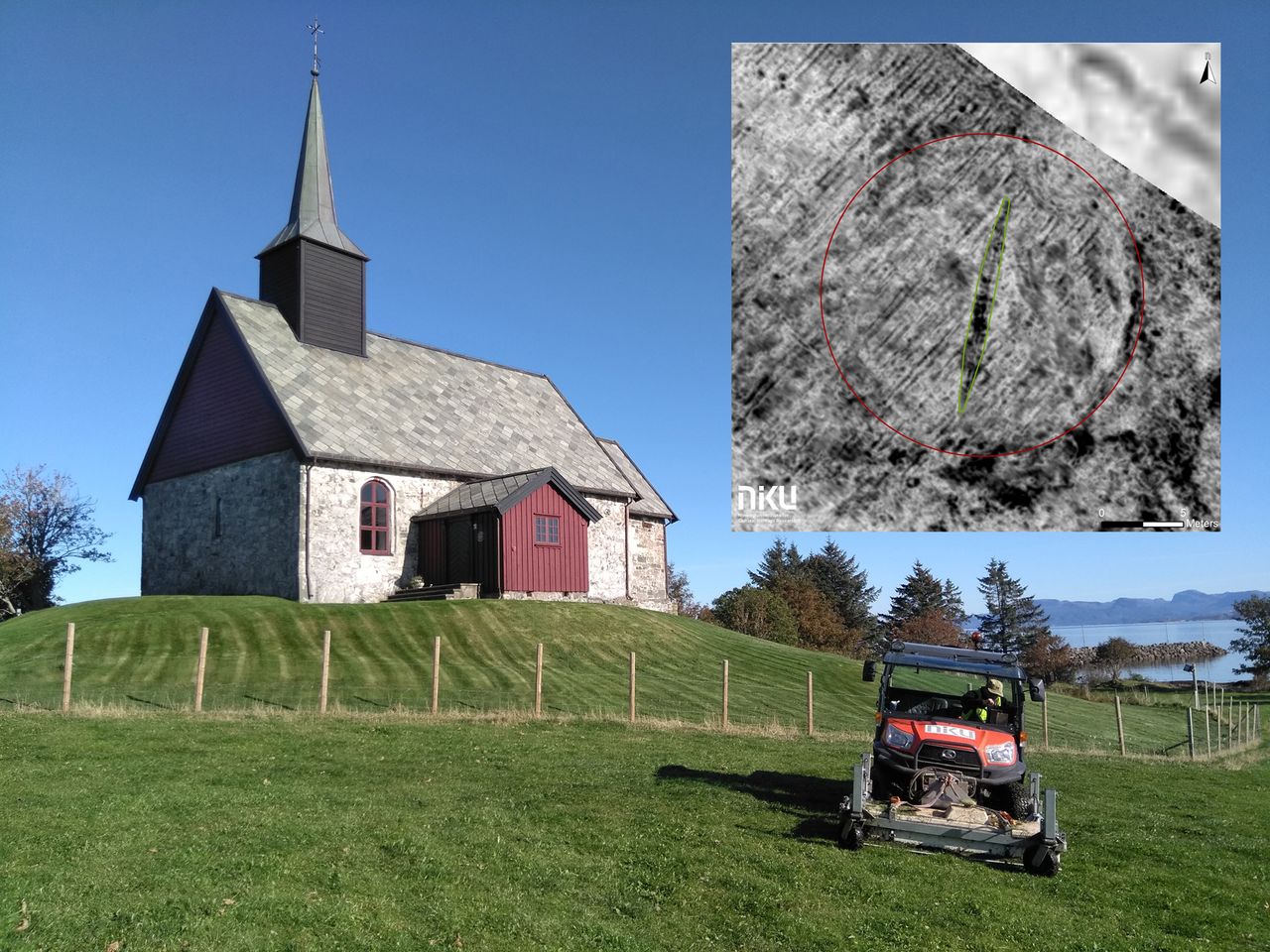 The ship was found near this medieval church by archaeologists using georadar mounted on a cart.