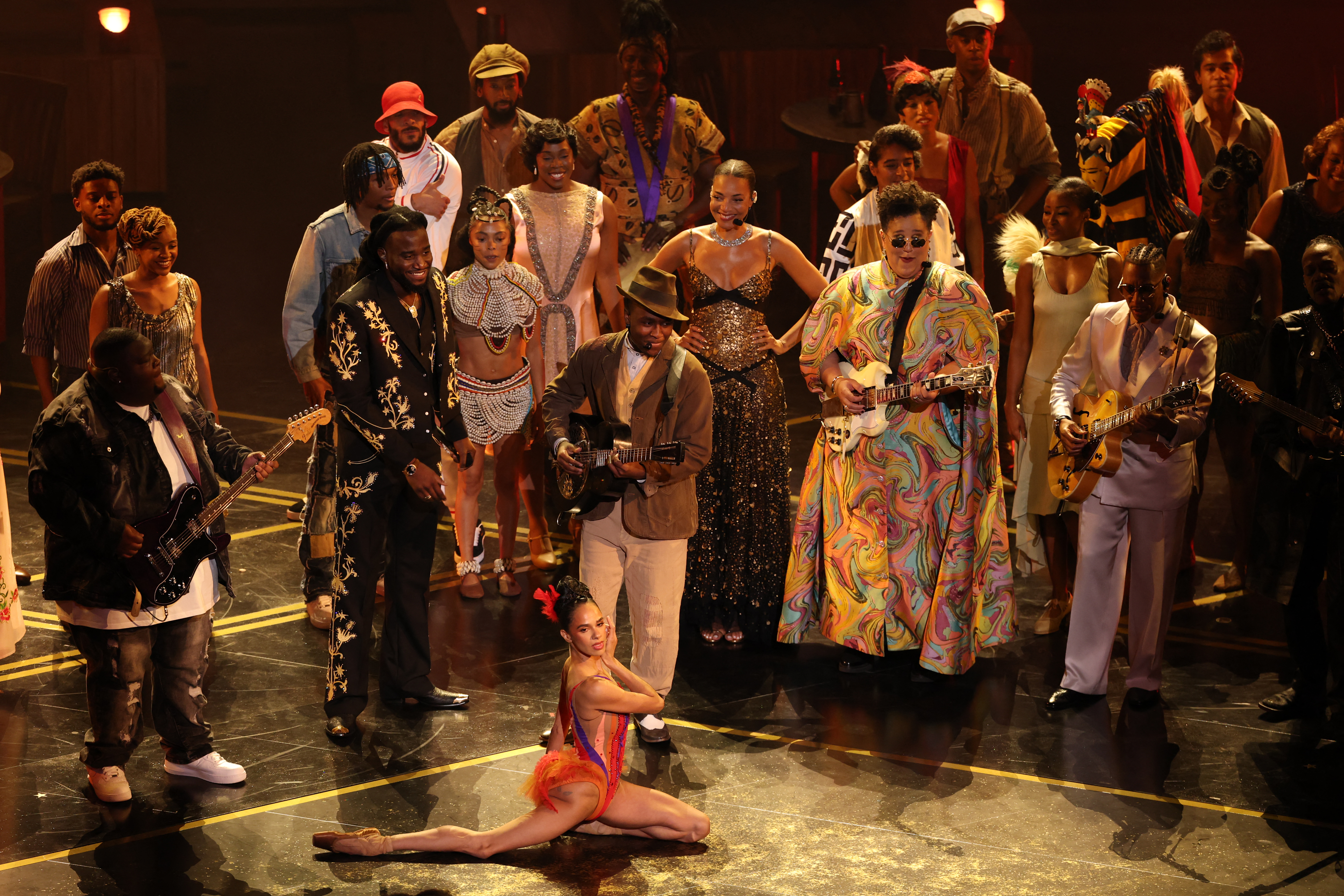 US singer Shaboozey, US musician Raphael Saadiq, US singer Miles Caton and US dancer Misty Copeland perform "i lied to you" onstage during the 98th Annual Academy Awards at the Dolby Theatre in a tribute to the film sinners