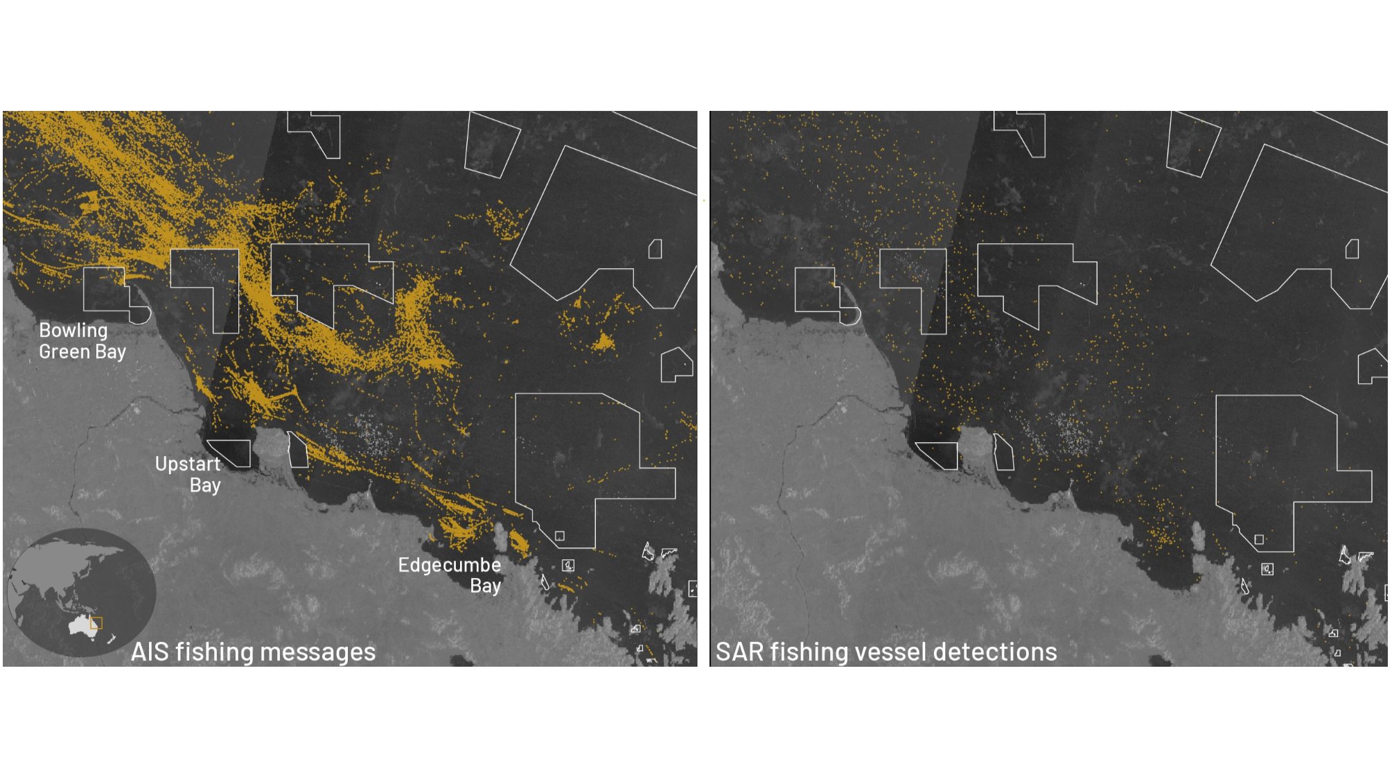 side-by-side black and white satellite-like images of the same patch of ocean, with fishing activity highlighted by yellow dots. the activity is much higher in the left-hand frame