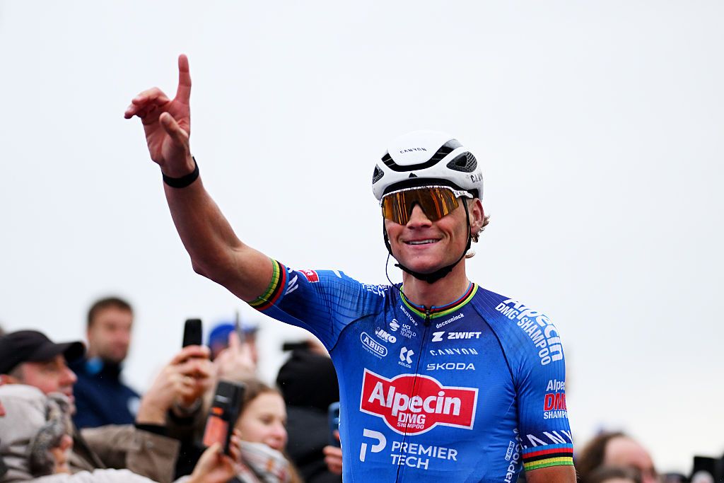 NIVONE, BELGIUM - FEBRUARY 28: Mathieu van der Poel of Netherlands and Team Alpecin-Premier Tech celebrates at finish line as race winner during the 21st Omloop Het Nieuwsblad 2026, Men&amp;amp;apos;s Elite a 207.2km one day race from Ghent to Ninove / #UCIWT / on February 28, 2026 in Ninove, Belgium. (Photo by Tim de Waele/Getty Images)