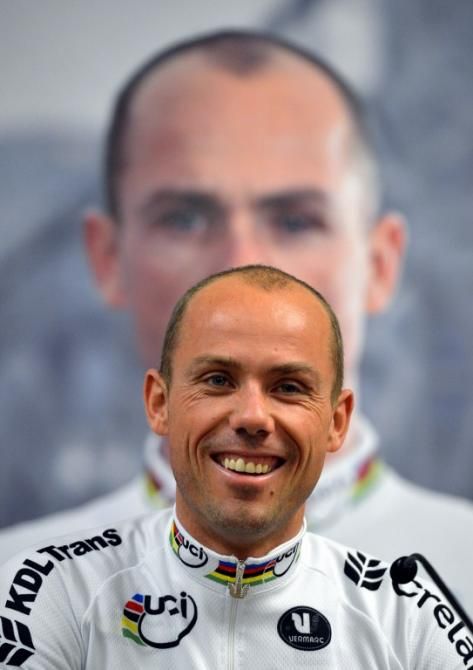 Sven Nys has returned to his native Belgium and conducts a press conference three days after winning the 2013 cyclo-cross world championship