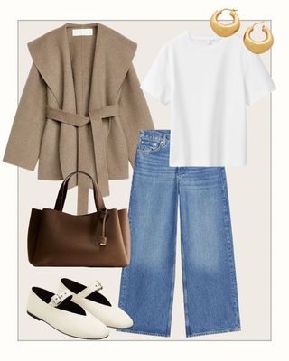 Collage of coat, jeans, t-shirt, bag and earrings