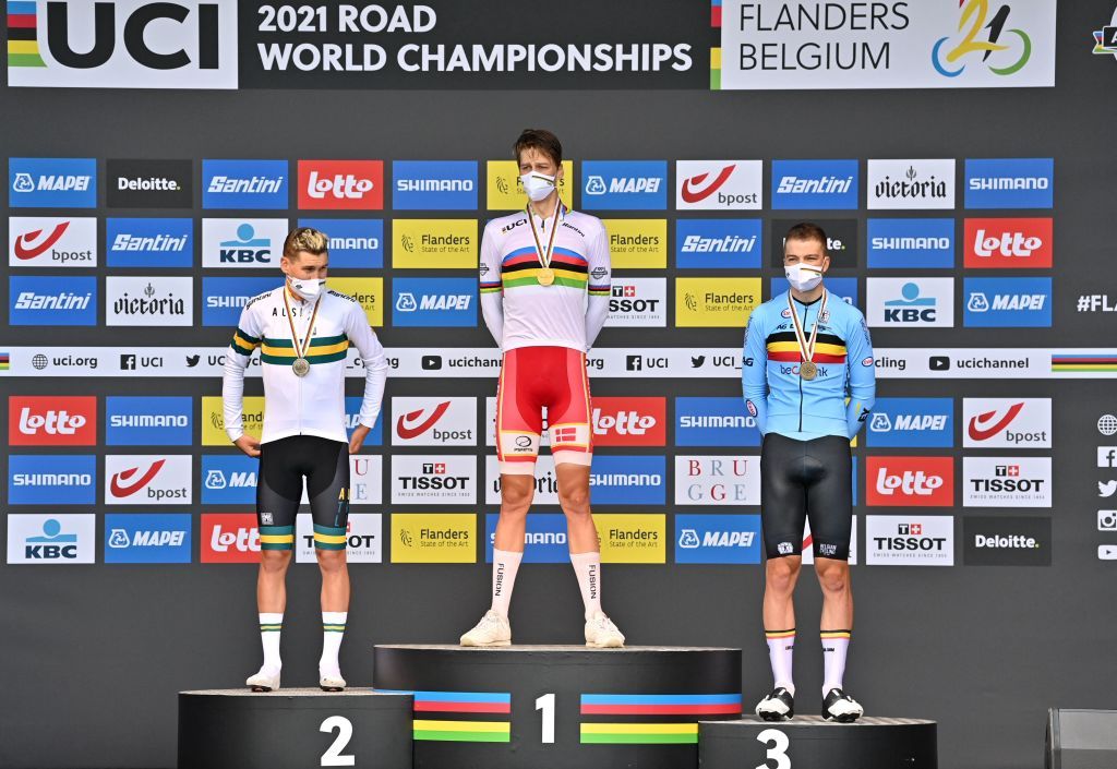 Johan Price-Pejtersen (Denmark) takes centre stage on the Under 23 time trial podium