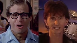 Side by side photos. Rick Moranis on the left, Geddy Lee on the right