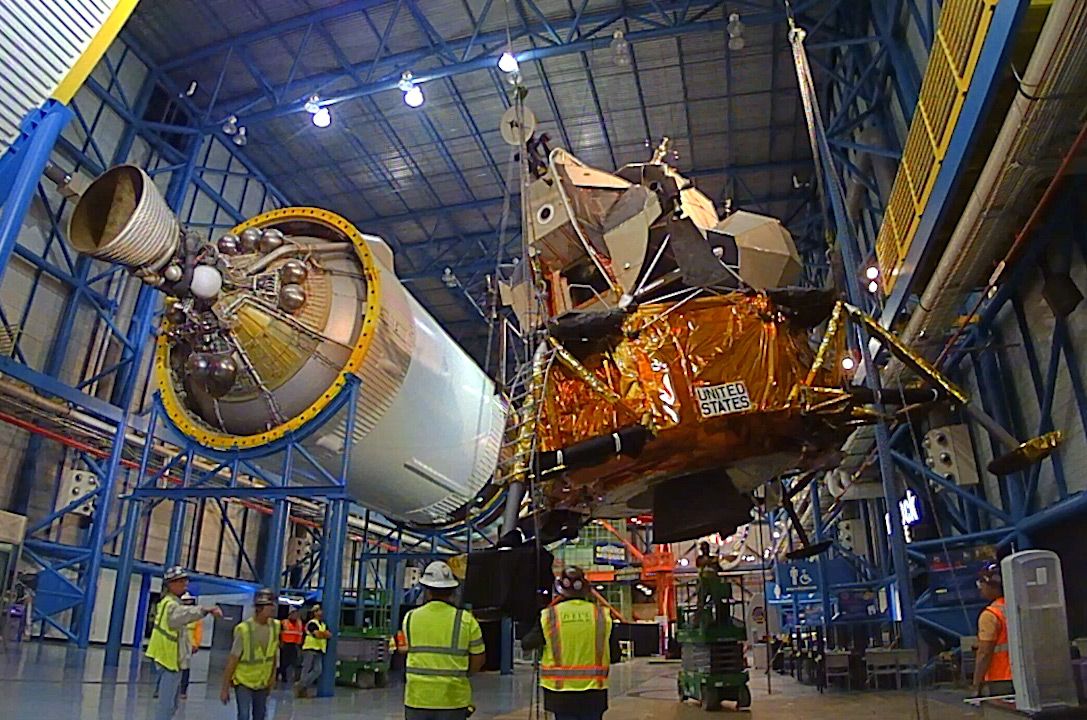 Lunar Module-9 has now been lowered to the ground after 20 years on overhead display inside the Apollo/Saturn V Center at NASA&#039;s Kennedy Space Center Visitor Complex in Florida. 