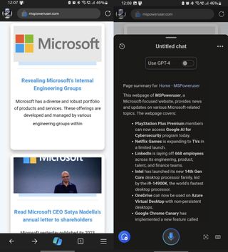 A screenshot of Microsoft Edge with the Copilot button now front and center on the bottom navigation bar.