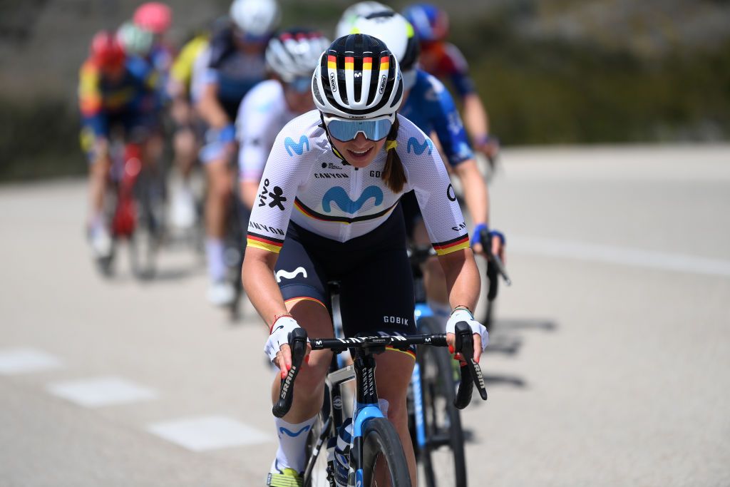 VINUESA SPAIN MAY 03 Liane Lippert of Germany and Movistar Team competes in the chase group during the 10th La Vuelta Femenina 2024 Stage 6 a 1321km stage from Tarazona to La Laguna Negra Vineuesa 1722m UCIWT on May 03 2024 in Vineuesa Spain Photo by Alex BroadwayGetty Images