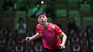 Ma Long of China competes in the Men's Singles Round of 32 match against Jang Woojin of South Korea on day three of WTT Saudi Smash 2024 ahead of the Paris Olympic Table Tennis