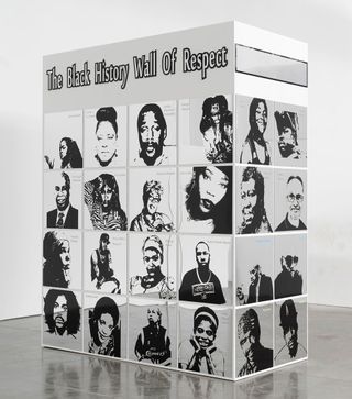 Lauren Halsey, black history wall of respect (II), 2021, Vinyl, acrylic, and mirror on wood