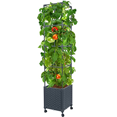 Linex Raised Garden Bed Planter Box With Trellis, 56.7&amp;rdquo; Tomato Planters for Climbing Plants Vegetable Vine Flowers Outdoor Patio, Tomatoes Cage W/self-Watering &amp;amp; Wheels