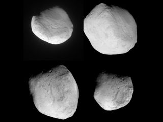 This image mosaic shows four different views of comet Tempel 1 as seen by NASA's Stardust spacecraft as it flew by on Feb. 14, 2011. The images progress in time beginning at upper left, moving to upper right, then proceeding from lower left to lower right