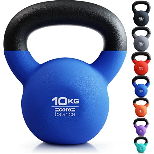 Core Balance 10kg Kettlebell Weight Cast Iron Neoprene Coated Heavy Duty Strength Training (blue)