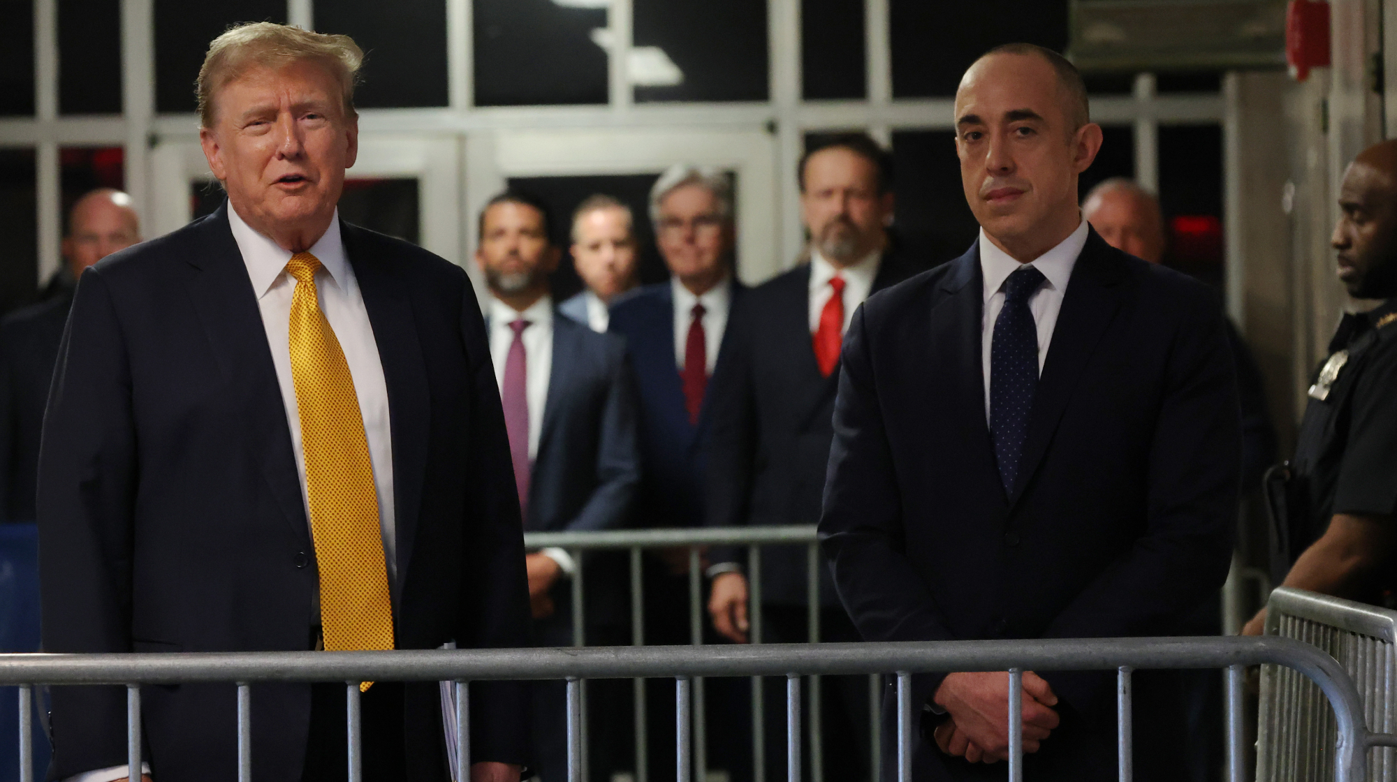 NEW YORK, NEW YORK - MAY 21: Former U.S. President Donald Trump speaks alongside his attorney Emil Bove after a break during his hush money trial at Manhattan Criminal Court on May 21, 2024 in New York City. The defense has rested their case in former President Trump's hush money trial in which he declined to testify in. Judge Juan Merchan says to expect summations and closing arguments in the criminal trial next week. Former U.S. President Trump faces 34 felony counts of falsifying business records in the first of his criminal cases to go to trial. 