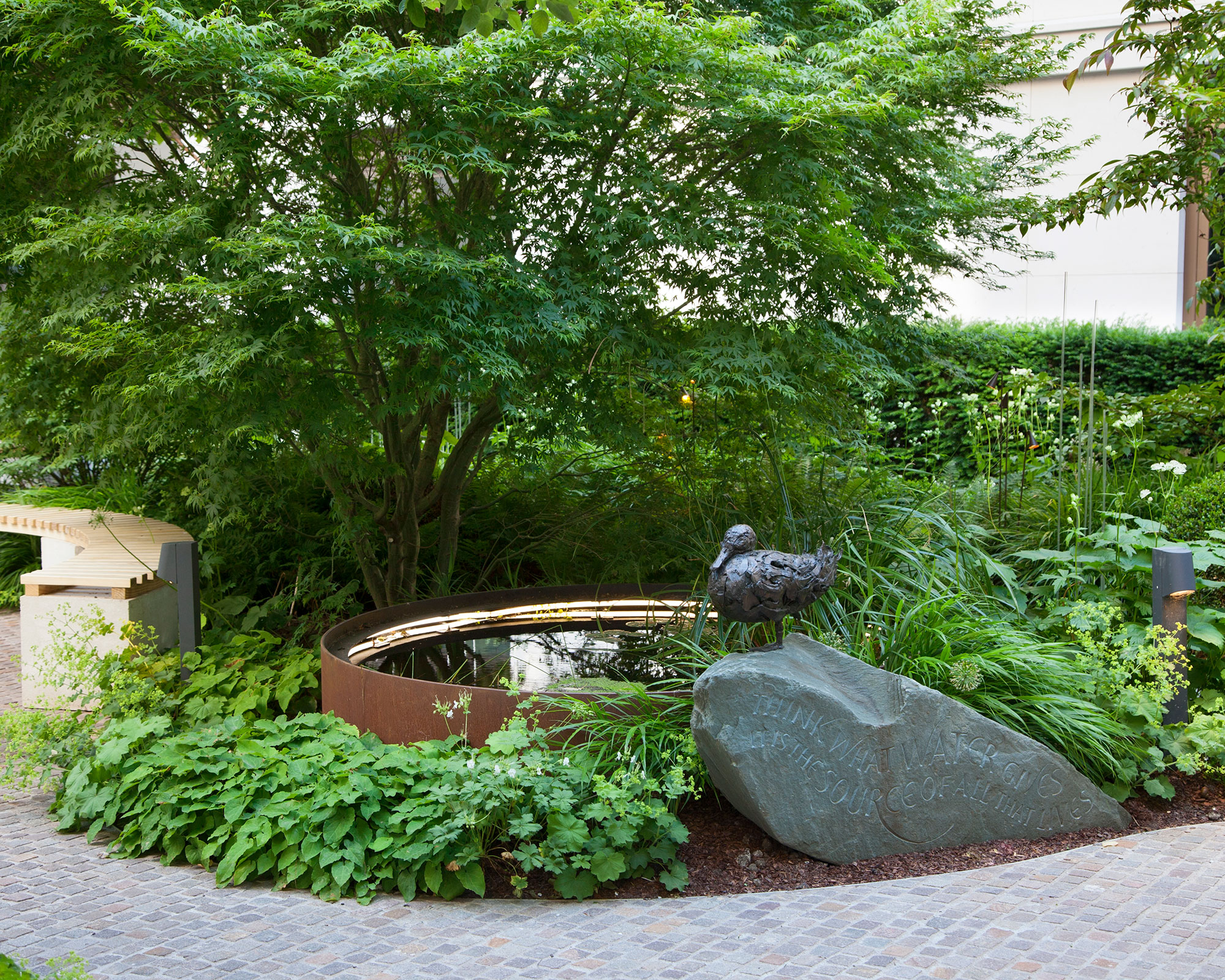 A large green tree standing over a small pond with a duck statue