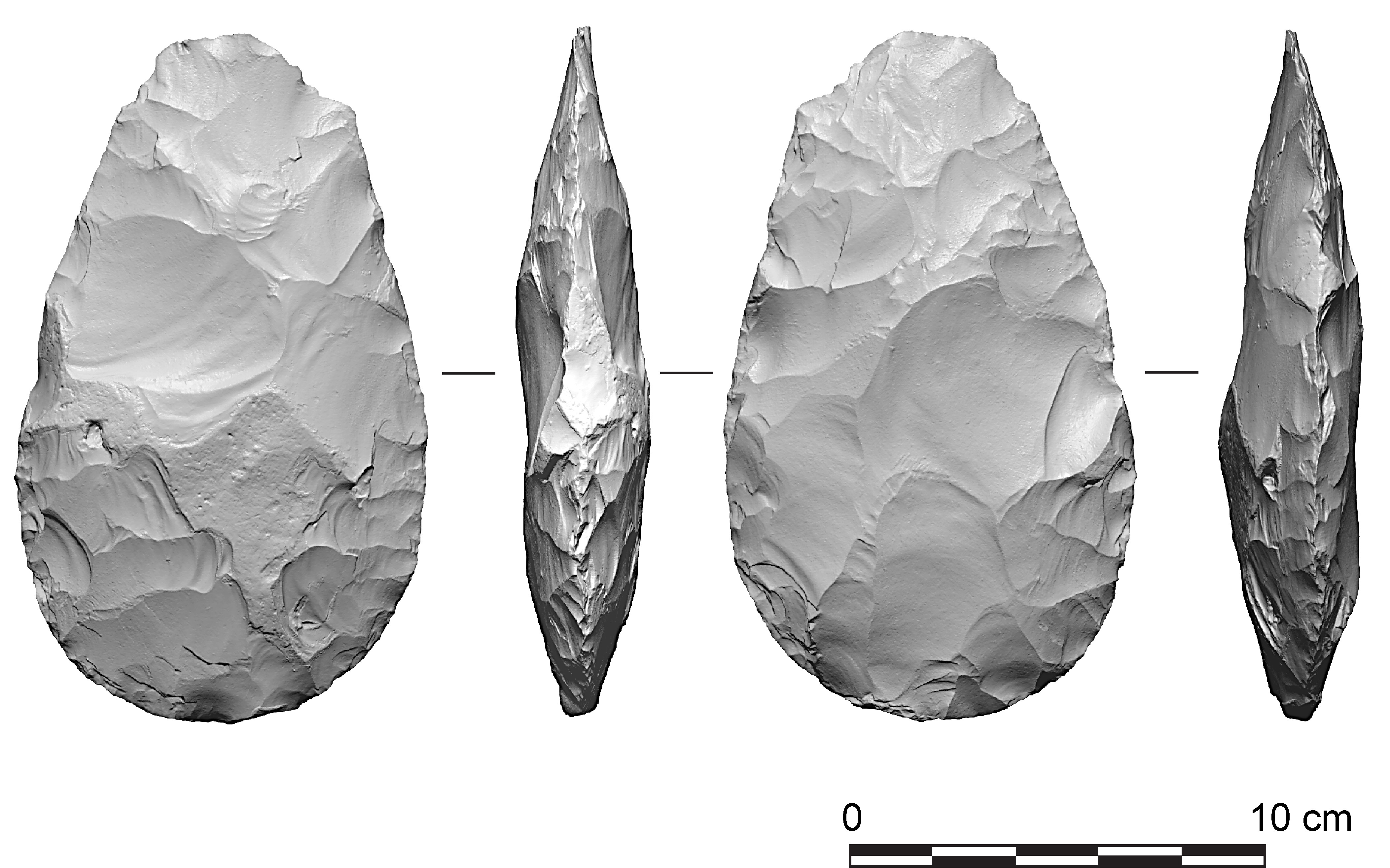 Four views of a single tool crafted from elephant bone