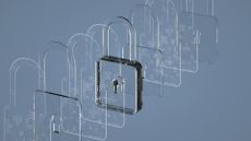IoT security concept image showing illuminated digitized padlock lined up with transparent padlocks.