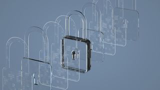 IoT security concept image showing illuminated digitized padlock lined up with transparent padlocks.