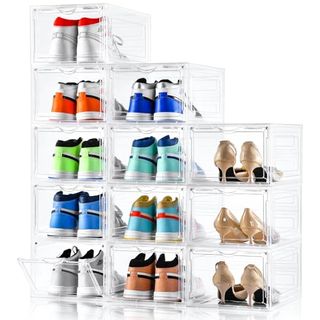 12 stacked clear plastic shoe boxes showing an assortment of heeled women's shoe and colorful high top sneakers.