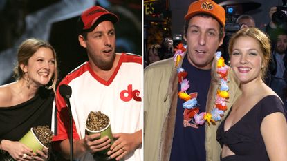 Drew Barrymore wears an off-the-shoulder black top as she laughs next to Adam Sandler on stage at an awards show, while they both hold popcorn trophies, and at the 50 First Dates premiere, Drew Barrymore wears a black cut-out dress and Adam Sandler wears a tan jacket and baseball cap