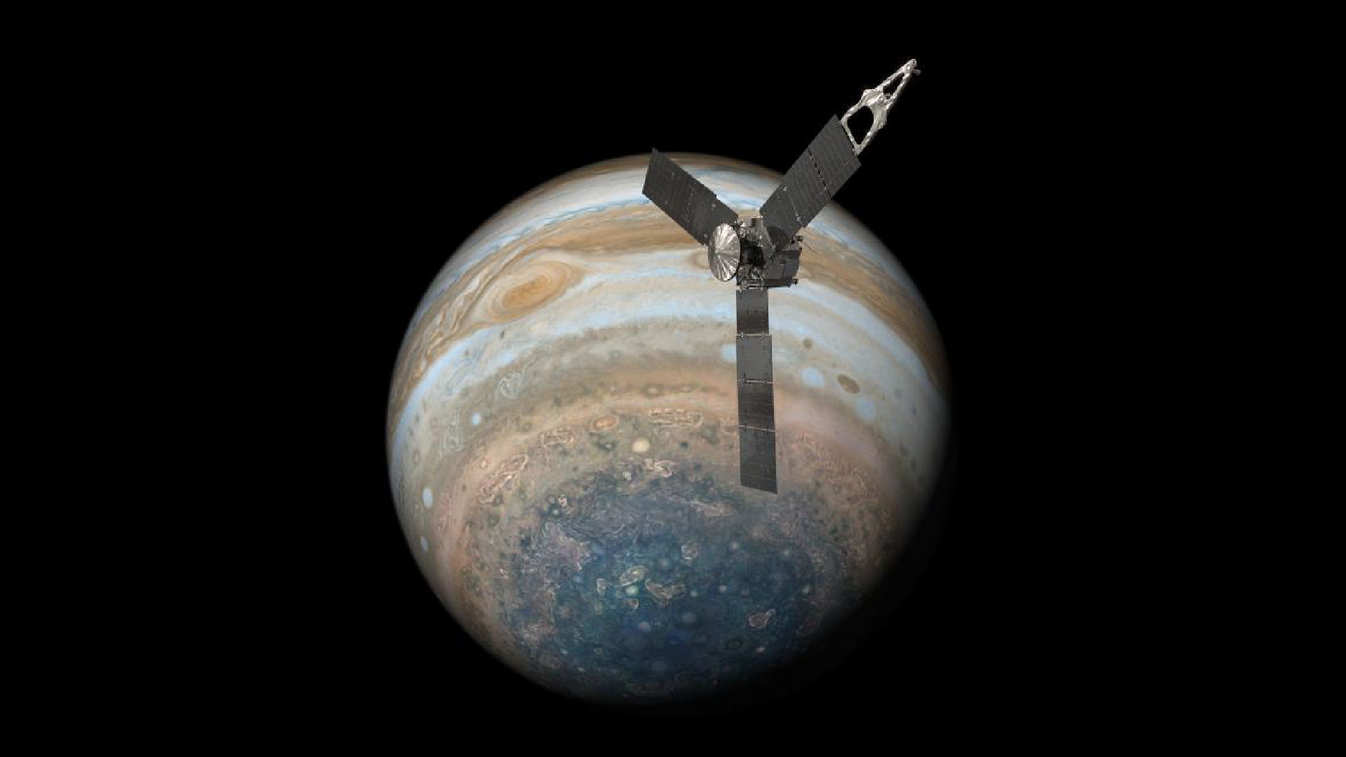 a rendering of the juno spacecraft with Jupiter in the background