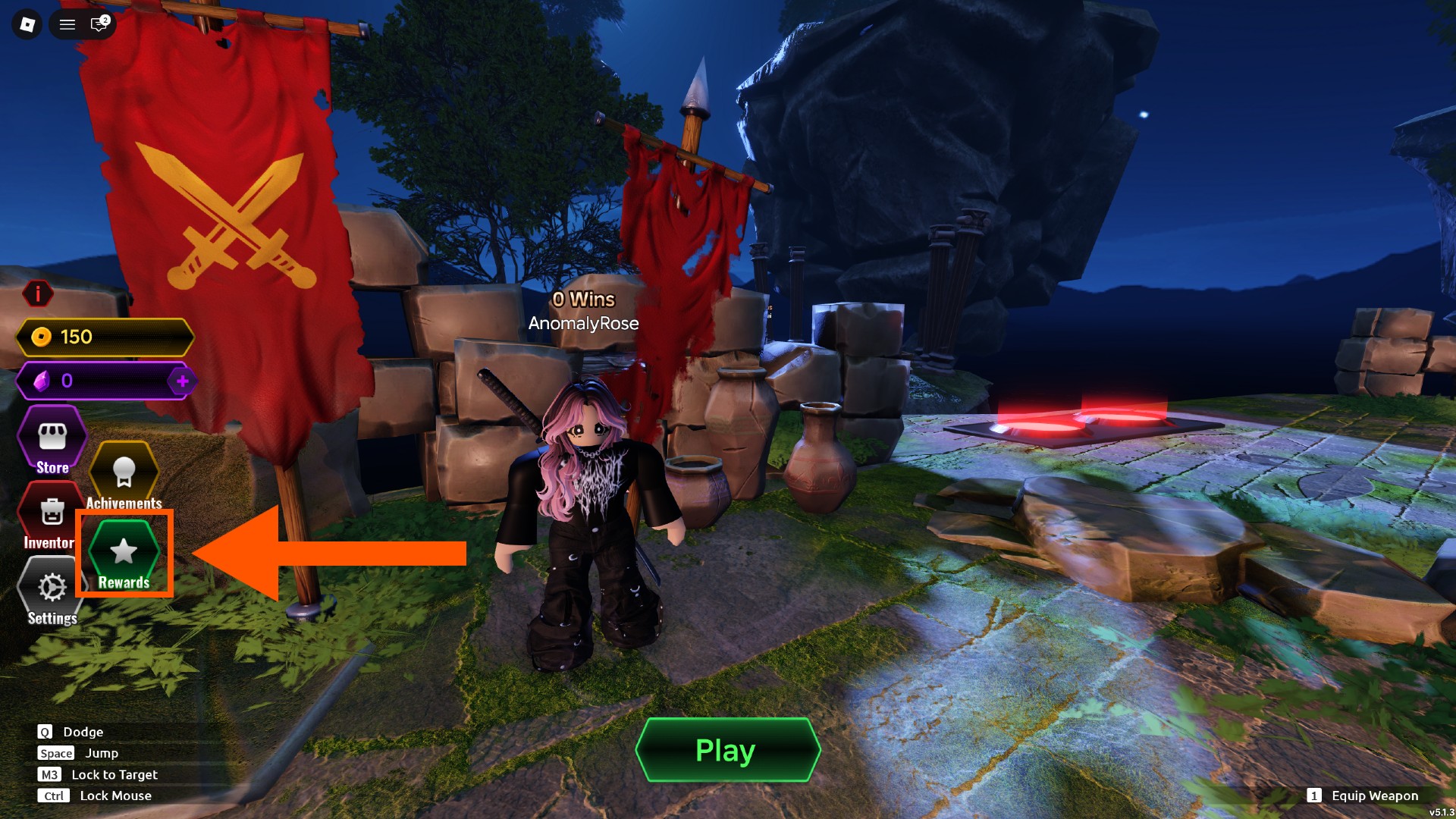 An orange arrow points to the Rewards button where you can redeem Dueling Grounds codes.