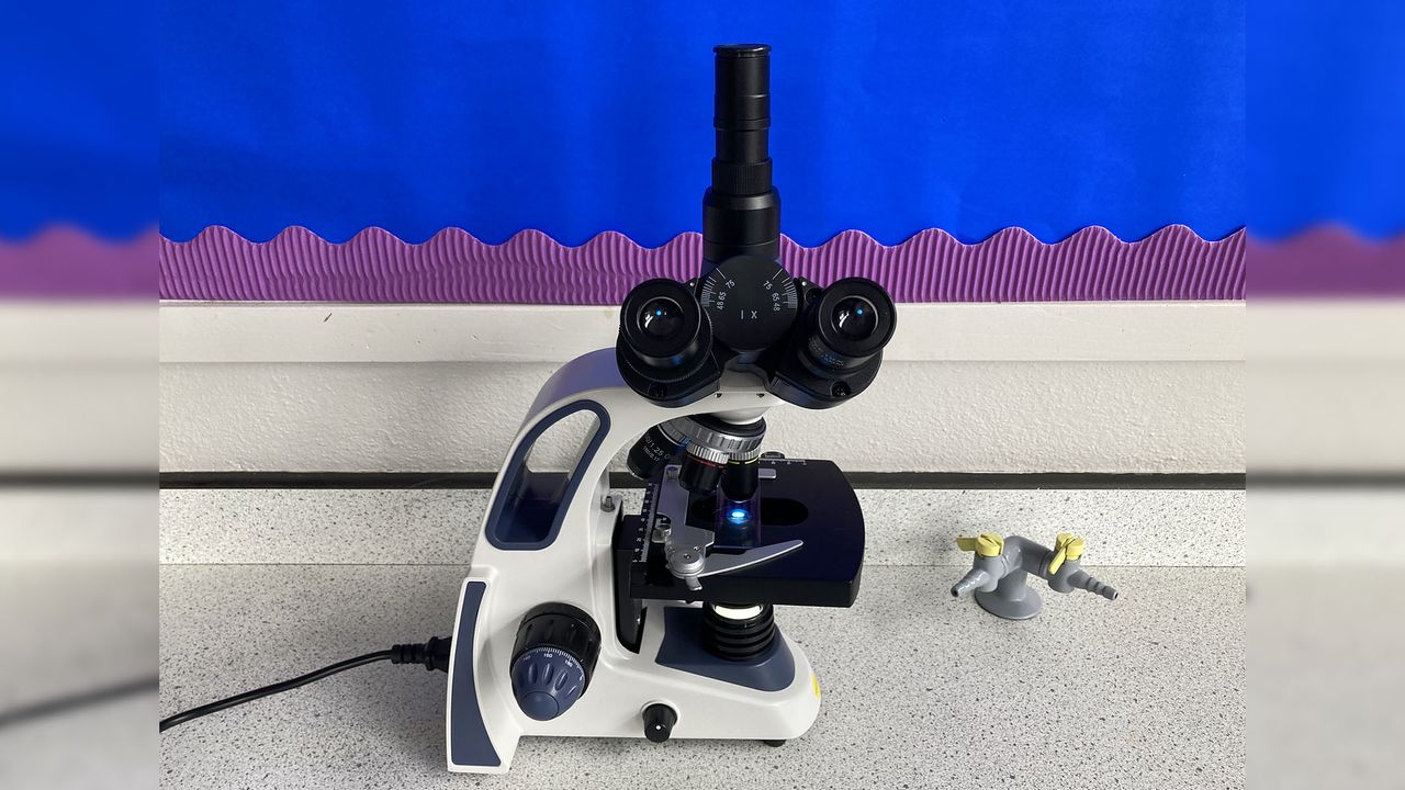 Swift SW380T microscope side view against a blue wall