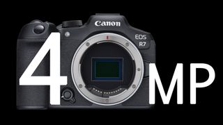 Canon EOS R7 against a black background with the text "40MP" superimposed on top